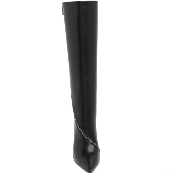 REISS Hoxton Leather Knee High Heels BOOTS US 38 7 Black Point Toe Zip NEW - Picture 6 of 14